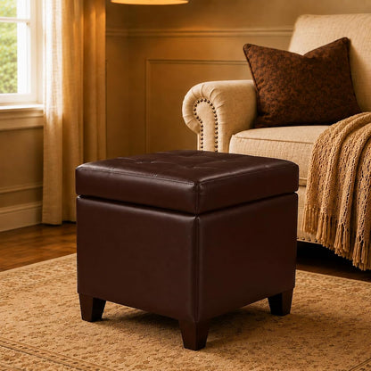 Leather Ottoman with Storage,18" Square Ottomans Foot Rest with Hinged Lid & Solid Wood Legs Upholstered Cube Footstool Hidden Storage for Living Room, Bedroom(Brown)