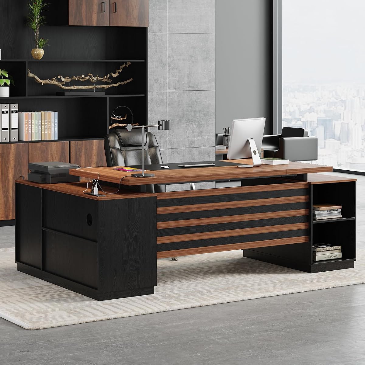 Executive L-Shaped Desk with Storage Cabinet 78-Inch, Brown Black