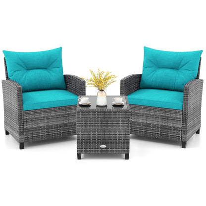 3 Piece Patio Furniture Set, Outdoor PE Rattan Conversation Set with Washable Cushions & Tempered Glass Tabletop, Wicker Chairs and Table Set for Porch, Garden, Balcony (Turquoise)