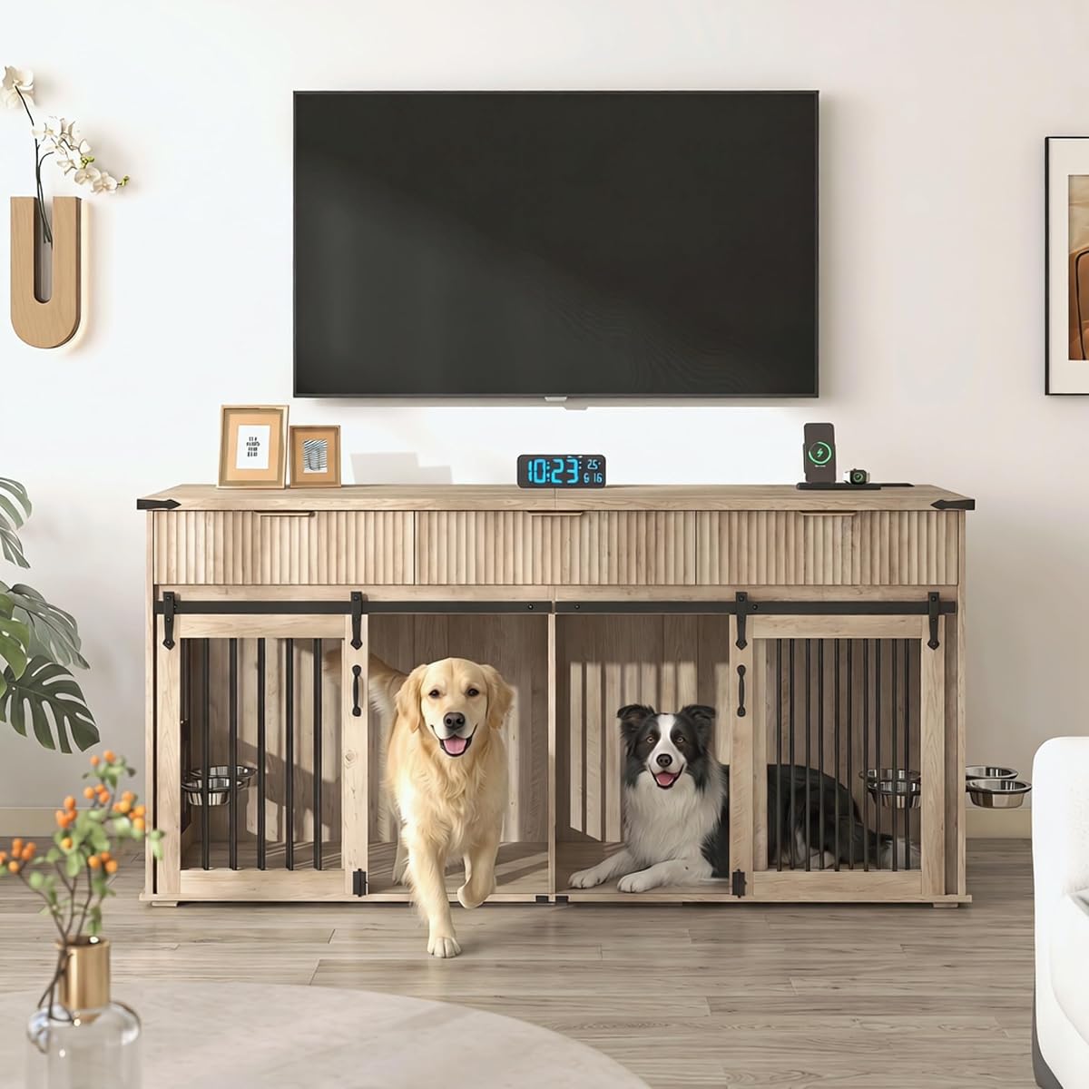 71" XXL Double Dog Crate TV Stand for Large Dogs, Wooden Kennel (Grey Oak)