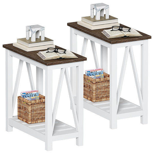Farmhouse End Table Set of 2, Rustic Vintage Narrow End Side Table with Storage Shelf for Small Spaces, Nightstand Sofa Table for Living Room, Bedroom White