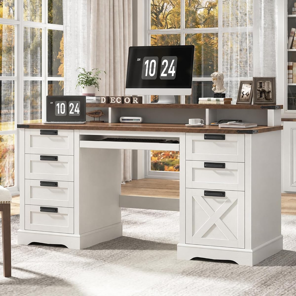 60" Farmhouse Executive Desk with 8 Drawers, White and Brown