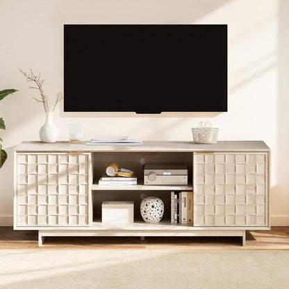 TV Stand with Two Doors, Entertainment Center 59" with Adjustable Shelves and Storage, Mid-Century Modern TV Stand for 50/55/65 inch TV, Media Console Cabinet for Living Room, Bedroom Oak