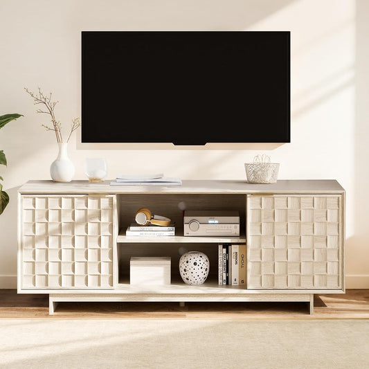 TV Stand with Two Doors, Entertainment Center 59" with Adjustable Shelves and Storage, Mid-Century Modern TV Stand for 50/55/65 inch TV, Media Console Cabinet for Living Room, Bedroom Oak