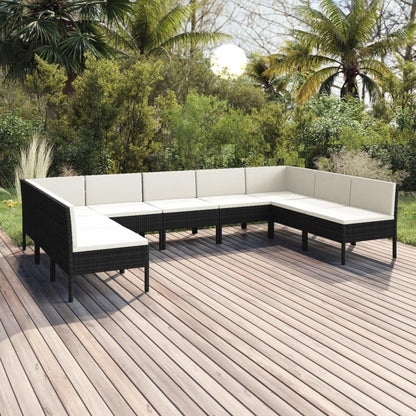9 Piece Patio Lounge Set with Cushions Poly Rattan Black Outdoor Sectional Sofa PE Wicker Garden Furniture Modular Seating for Backyard Poolside Deck