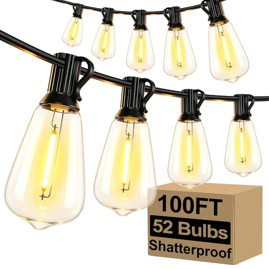 LED Outdoor String Lights 100FT Patio Lights with 52 Shatterproof ST38 Vintage Edison Bulbs, Outside Hanging Light Waterproof for Porch, Deck, Garden, Backyard, Balcony, 2700K Dimmable