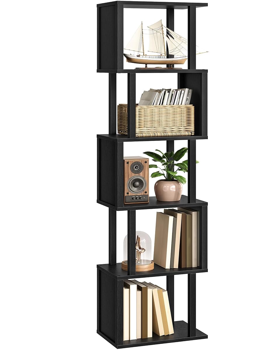 S-Shaped 5-Tier Bookshelf, 58.1-Inch Tall Bookcase with Anti-Tip Kit