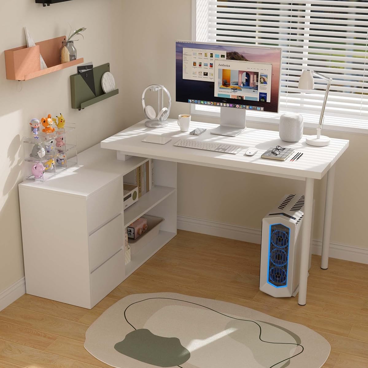 L Shaped Computer Desk, 47 Inch Home Office Desk with File Drawers & Storage Shelves, Small Corner Computer Desk for Small Space (White)