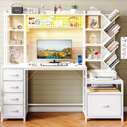 61.4" Computer Desk with Bookshelf, 5 Drawers, Desk with Hutch, Outlet, LED