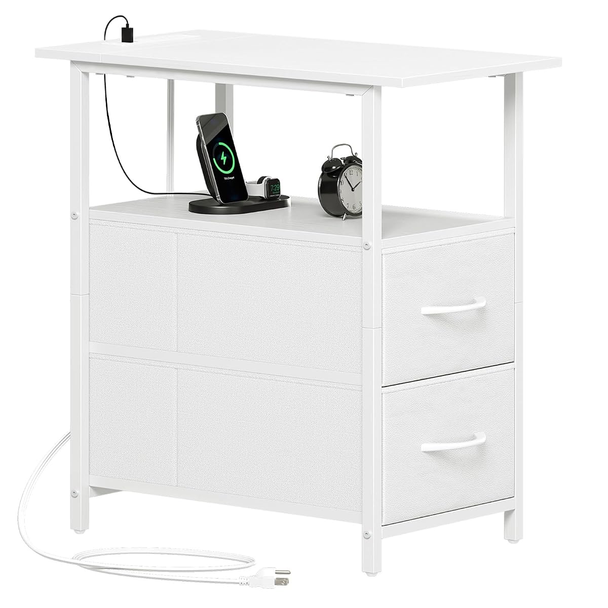 End Table with Charging Station, Narrow Side Table with 2 Fabric Drawers, Skinny Nightstand with Storage, Small Slim Bedside Table for Living Room, Sofa, Bedroom, Couch, White Leather