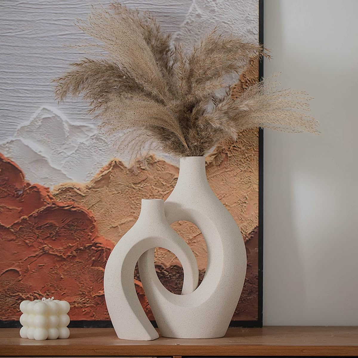 XL Beige Ceramic Vase Set of 2 for Modern Home Decor, Eclectic Entryway Modern Boho Hollow Flower Vases for Living Room Bookshelf Dining Coffee Table Centerpiece (W 6.8" X H 11")