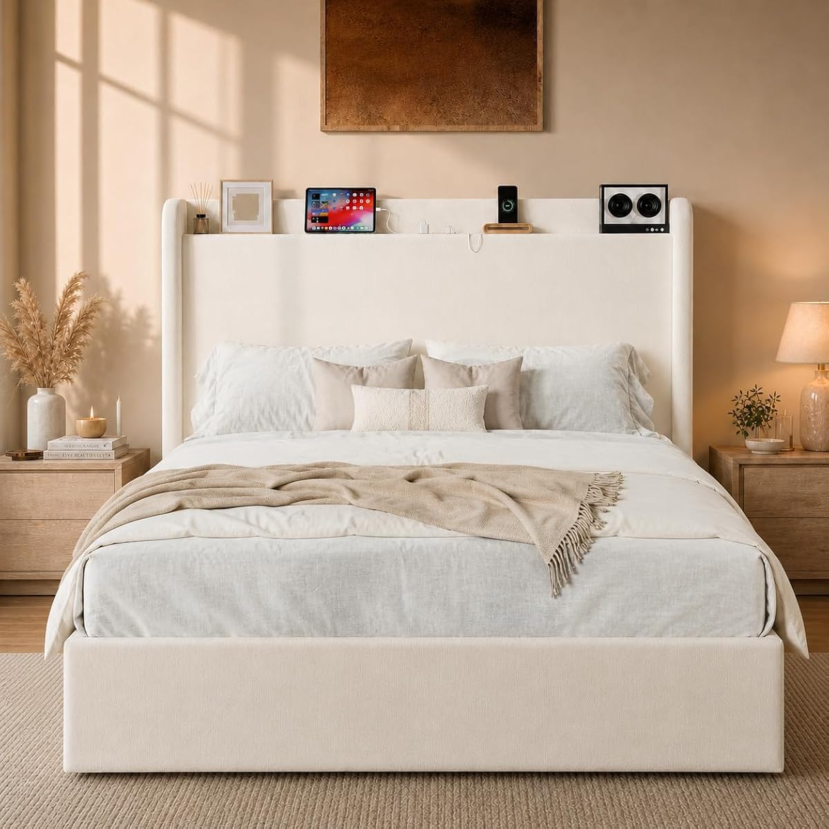 Queen Bed Frame with Chenille Storage Headboard and USB, White