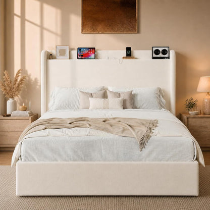 Queen Bed Frame with Chenille Storage Headboard and USB, White