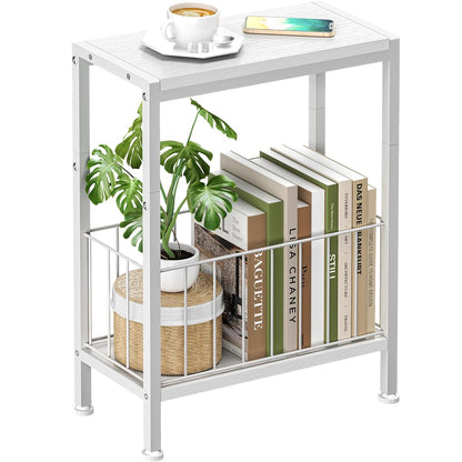 Narrow Side Table, Skinny End Tables with Magazine Holder, Small Sofa Table for Small Spaces, Space-Saving Design, Slim Nightstand Bedside Table for Living Room, Bedroom, Office, White