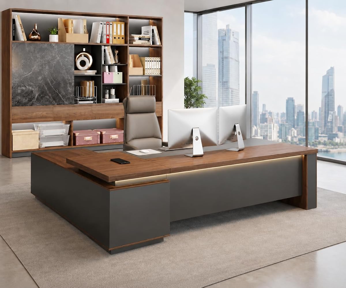 79" L-Shaped Executive Desk with Reversible Return, File Drawer, Power Hub
