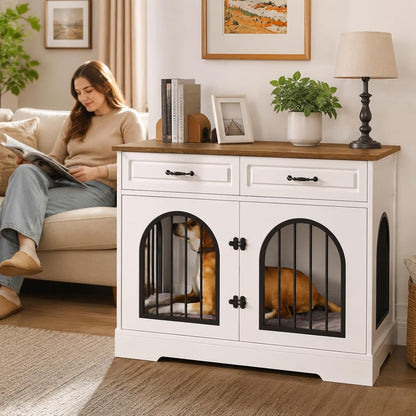 43.3" Dog Crate Furniture End Table with Storage Drawers, White