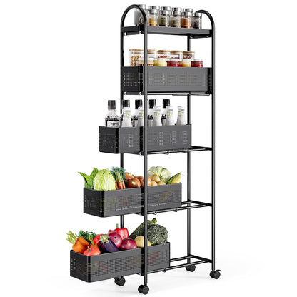 5 Tier Slim Rolling Cart with Drawer, Metal Utility Storage Cart