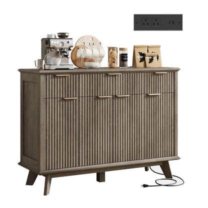 Fluted Sideboard Buffet Cabinet with Charging Station, 47.2" Kitchen Storage Cabinet with Drawers and Adjustable Shelves, Modern Coffee Bar Kitchen Table for Dining Room, Living Room, Grey