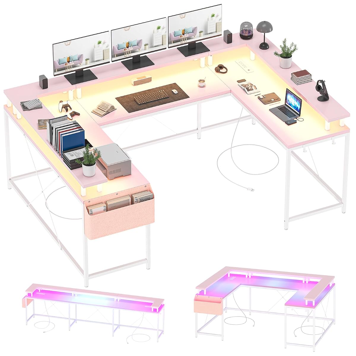 U-Shaped Computer Desk with Power Outlets & LED Lights 79 Inch Reversible