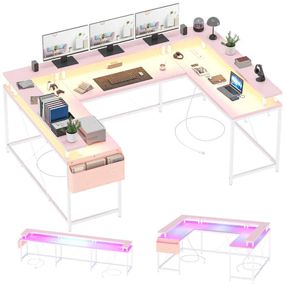 U-Shaped Computer Desk with Power Outlets & LED Lights 79 Inch Reversible