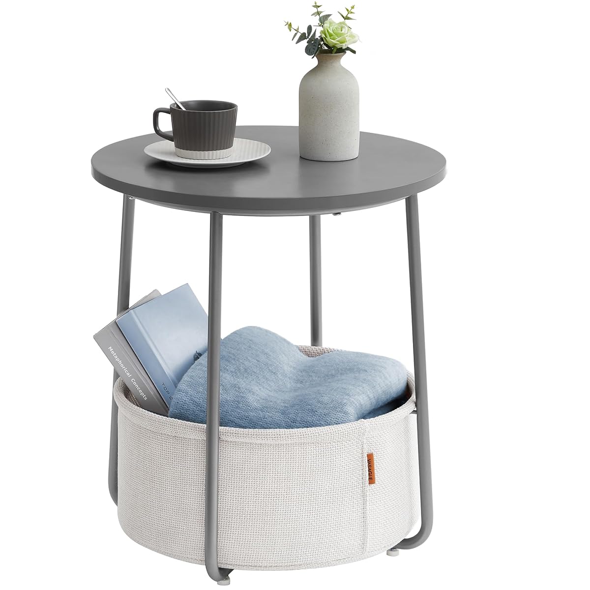 VASAGLE LILEA Collection - Small Round Side End Table, Modern Nightstand with Fabric Basket, Cement Gray and Cream White ULET223G49