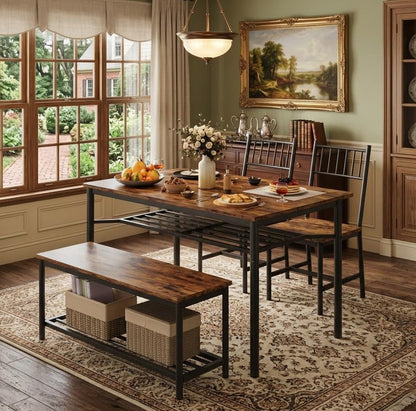 GAOMON Dining Table Set for 4, Kitchen Table and Chairs for 4 with Wine Rack, Dining Room Table Set with Bench, Rectangular Kitchen Table Set for Small Space, Apartment, Studio, Retro Brown