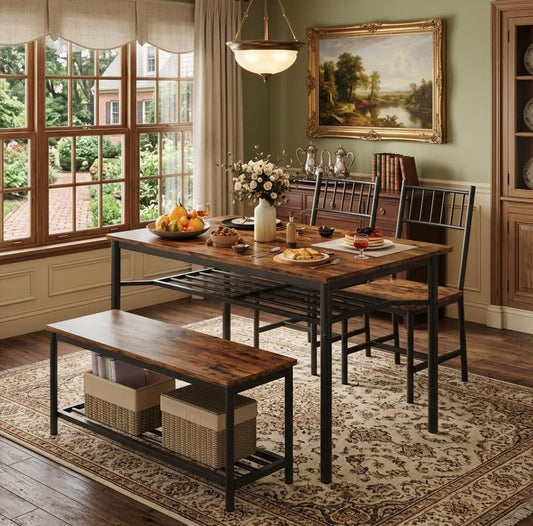 GAOMON Dining Table Set for 4, Kitchen Table and Chairs for 4 with Wine Rack, Dining Room Table Set with Bench, Rectangular Kitchen Table Set for Small Space, Apartment, Studio, Retro Brown
