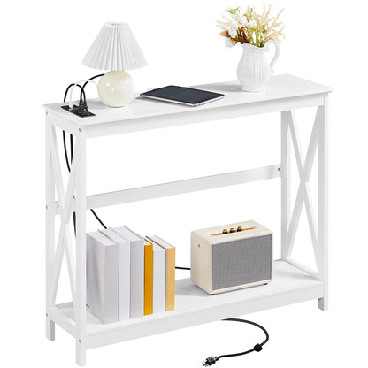 Yaheetech 40" Console Table with 2 Outlet and 2 USB Ports, Wooden Entryway Table with X-Shaped Design, Narrow Sofa Table for Living Room and Hallway,White