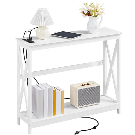 Yaheetech 40" Console Table with 2 Outlet and 2 USB Ports, Wooden Entryway Table with X-Shaped Design, Narrow Sofa Table for Living Room and Hallway,White