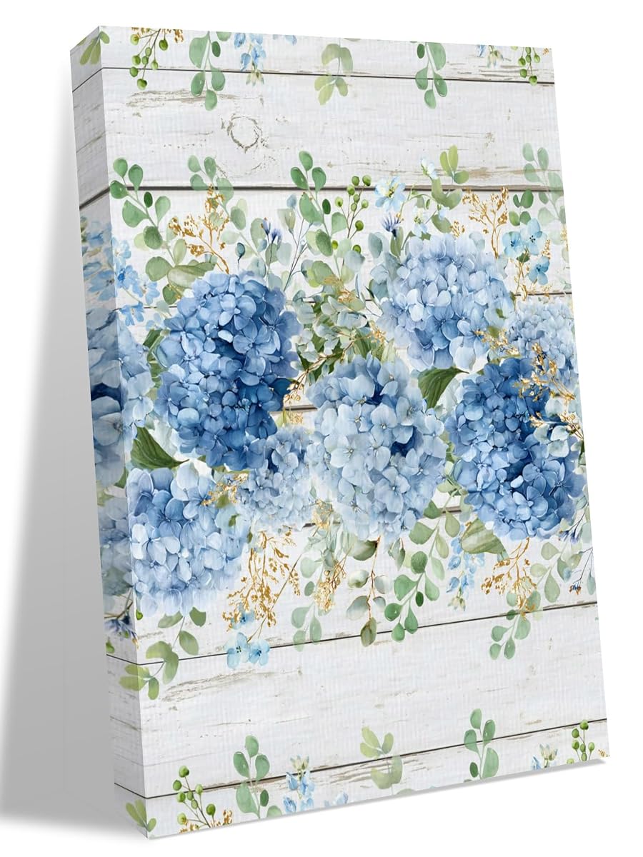 NuYeBiofx Country Hydrangea Flower Eucalyptus Leaves Canvas Wall Art Prints,48"x32" Framed Picture Artwork Retro Wooden Printed Canvas Oil Painting for Living Room Bedroom Office,Ready to Hang