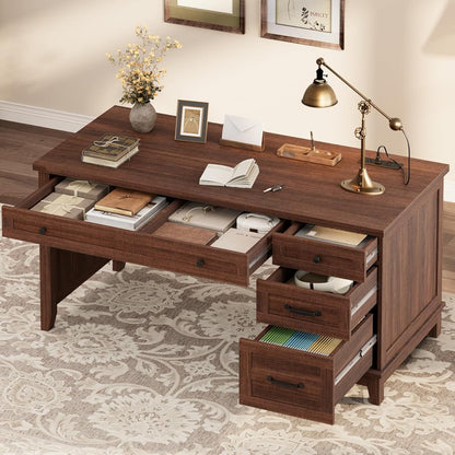 Executive Desk with Drawers, Farmhouse Home Office Desk with Charging Station, 53.54 in Wooden Computer Desk with File Cabinet Storage for Work Study Writing,Walunt Brown