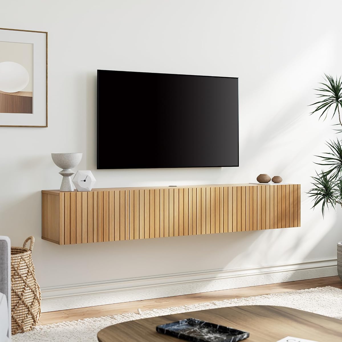 70" Modern Fluted Floating TV Stand, Oak
