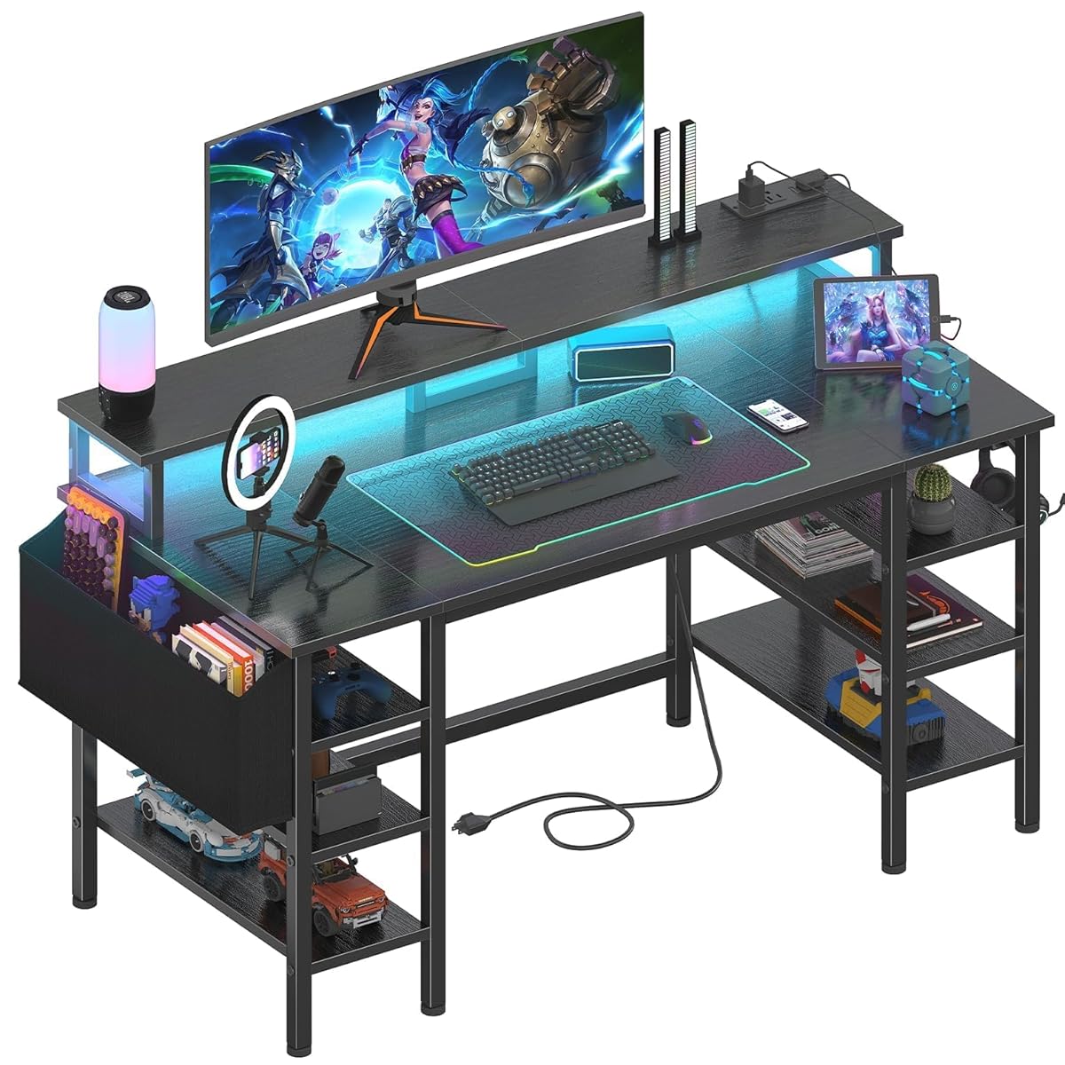 Gaming Desk with LED Lights and Storage Shelves, 47 inch Computer Desk with Power Outlets, Home Office Desk with Monitor Stand, Writing Table PC Desks, Black