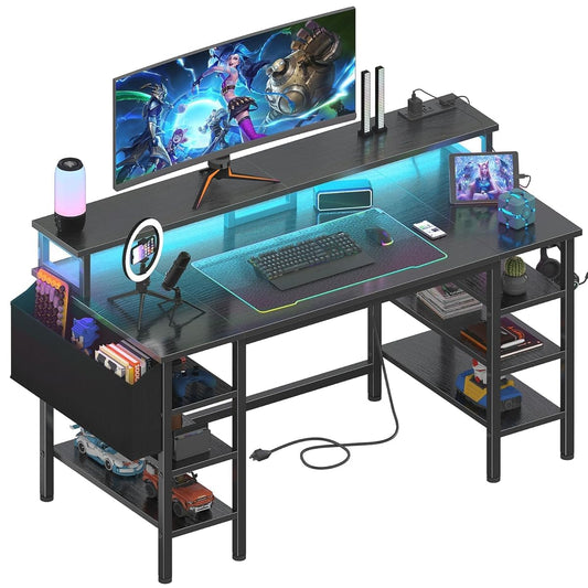 Gaming Desk with LED Lights and Storage Shelves, 47 inch Computer Desk with Power Outlets, Home Office Desk with Monitor Stand, Writing Table PC Desks, Black