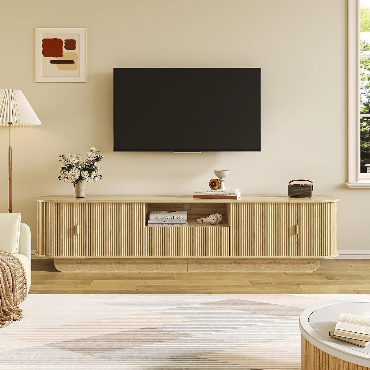 86.6'' Fluted TV Stand for 55-85 Inch, Natural Wood TV Console