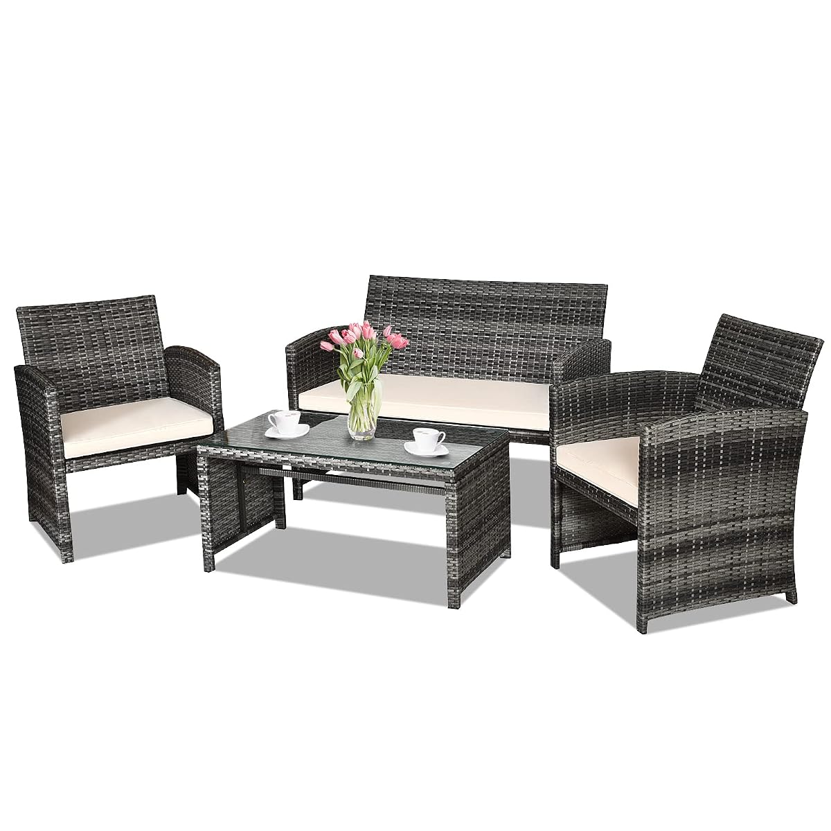 4-Piece Rattan Patio Furniture Set, Outdoor Wicker Conversation Sofa with Weather Resistant Cushions and Tempered Glass Tabletop for Lawn Backyard Pool Garden (Beige)