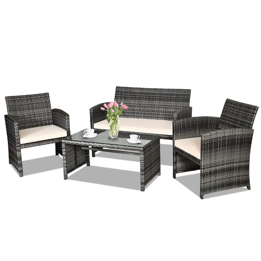 4-Piece Rattan Patio Furniture Set, Outdoor Wicker Conversation Sofa with Weather Resistant Cushions and Tempered Glass Tabletop for Lawn Backyard Pool Garden (Beige)