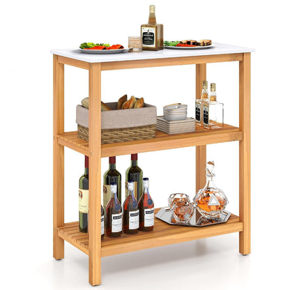 Patio Wooden Sideboard, 3-Tier Acacia Outdoor Kitchen Buffet Organizer w/Marble-Like Countertop & 2 Slatted Shelves, Garden Potting Bench Table & Plant Stand for Backyard, Garden, Deck