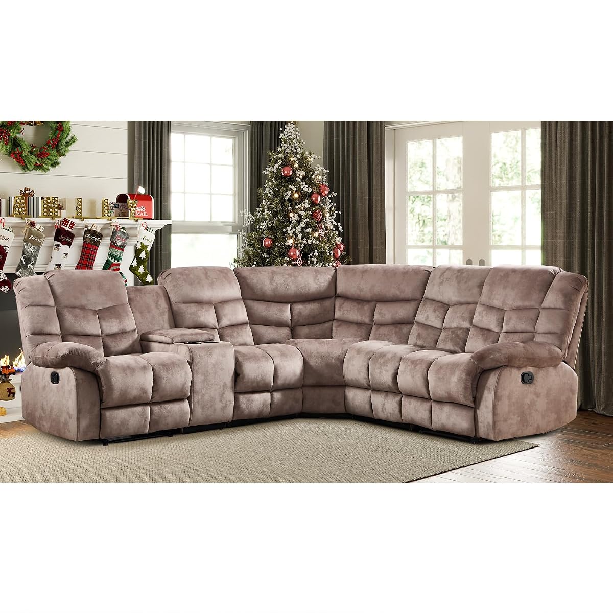 Manual Reclining Sectional Sofa Set for Living Room, Soft Fabric Recliner Corner Sectional Couch with Center Console, Cup Holder and Storage, Brown