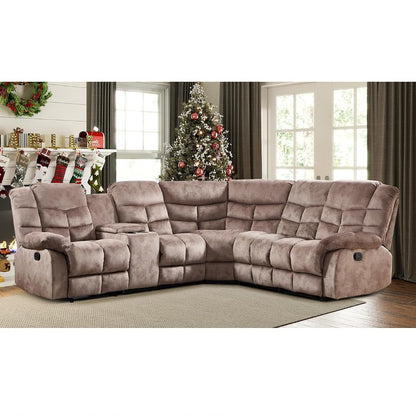 Manual Reclining Sectional Sofa Set for Living Room, Soft Fabric Recliner Corner Sectional Couch with Center Console, Cup Holder and Storage, Brown