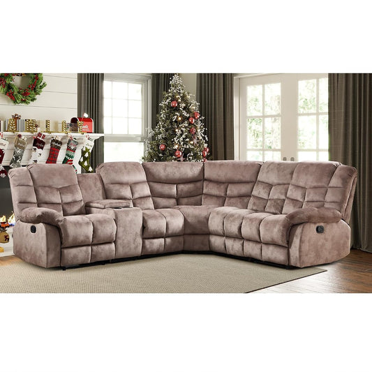 Manual Reclining Sectional Sofa Set for Living Room, Soft Fabric Recliner Corner Sectional Couch with Center Console, Cup Holder and Storage, Brown