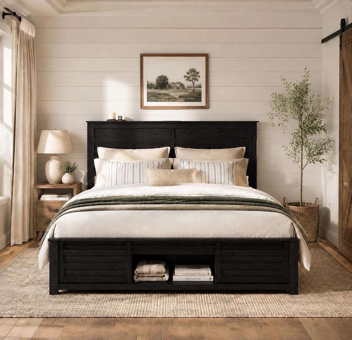Wooden Queen Bed Frame with Headboard, Farmhouse Storage, Barn Door