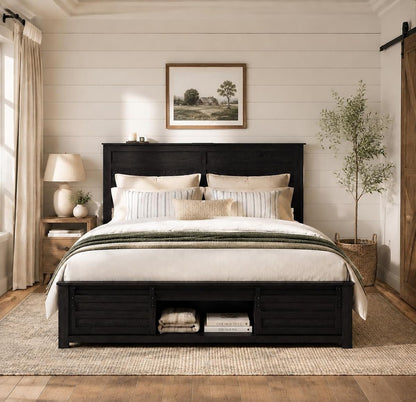 Wooden Queen Bed Frame with Headboard, Farmhouse Storage, Barn Door
