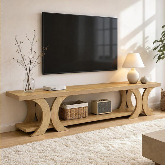 70.87" Extra Long TV Stand for TVs up to 80", Farmhouse Wooden Entertainment Center with Open Storage Shelves, Low TV Media Console Table for Living Room, Bedroom