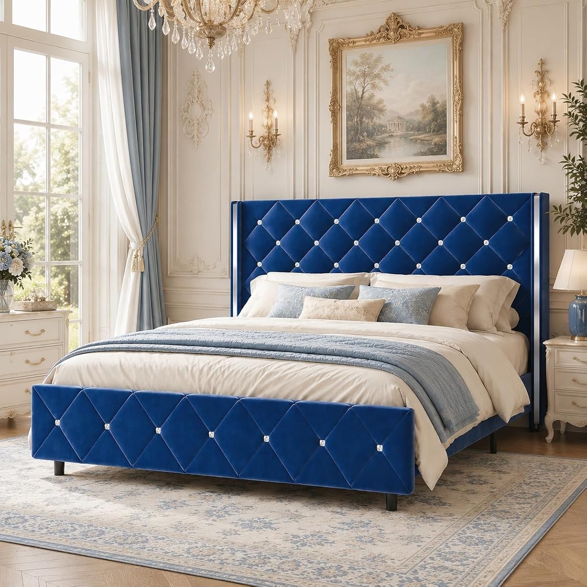 Queen Bed Frame with Velvet Headboard, Silverside Wingback, Blue