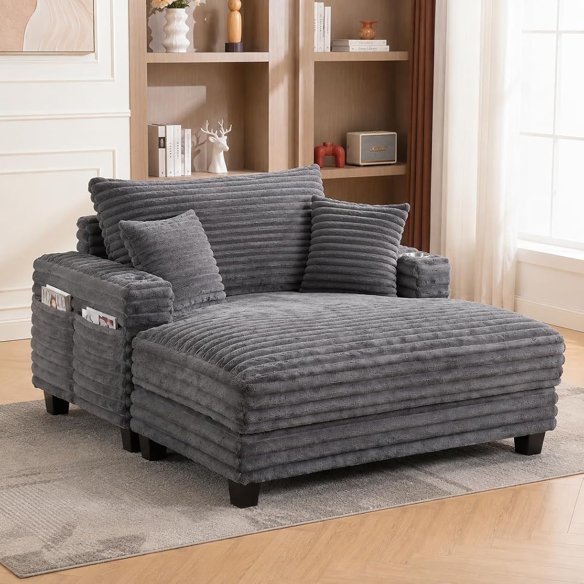 64" Oversized Chaise Lounge Chair Indoor with USB Charging Port & Cup Holder