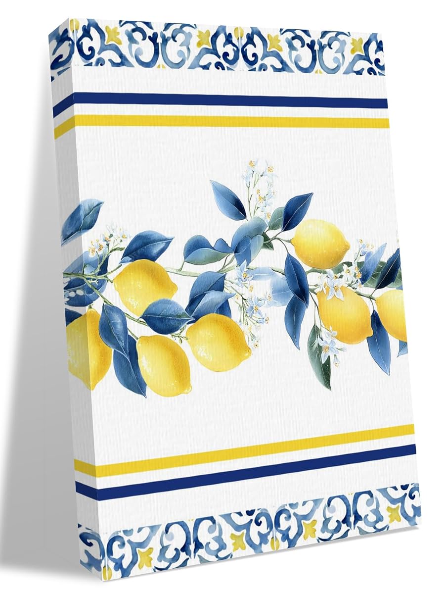 NuYeBiofx Lemon Moroccan Geometric Canvas Wall Art Prints,40"x28" Framed Picture Artwork Summer Wildflower Leaves Printed Canvas Oil Painting for Living Room Bedroom Office,Ready to Hang