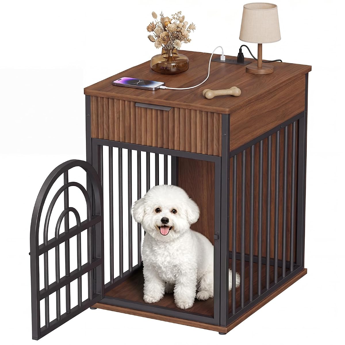 Dog Crate Furniture, Wooden Dog Kennel for Small Breed,Walnut