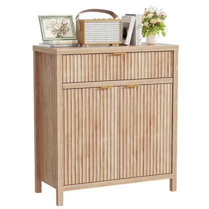 Wooden Sideboard Buffet Cabinet with Drawer and 2 Doors, Modern Fluted Storage Cabinet for Dining Room, Kitchen, Living Room, Entryway – Oak Finish