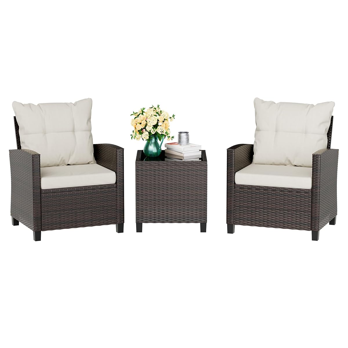 3 Piece Patio Furniture Set Small Outdoor Wicker Rattan Front Porch Bistro Set Cushioned Patio Chairs Conversation Set with Glass Table for Lawn, Garden, Backyard, Balcony, Poolside (Beige)